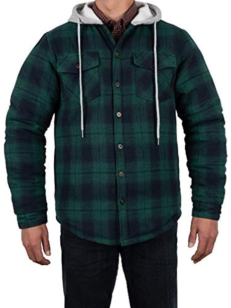 Man in a forest green men's button down flannel shirt jacket