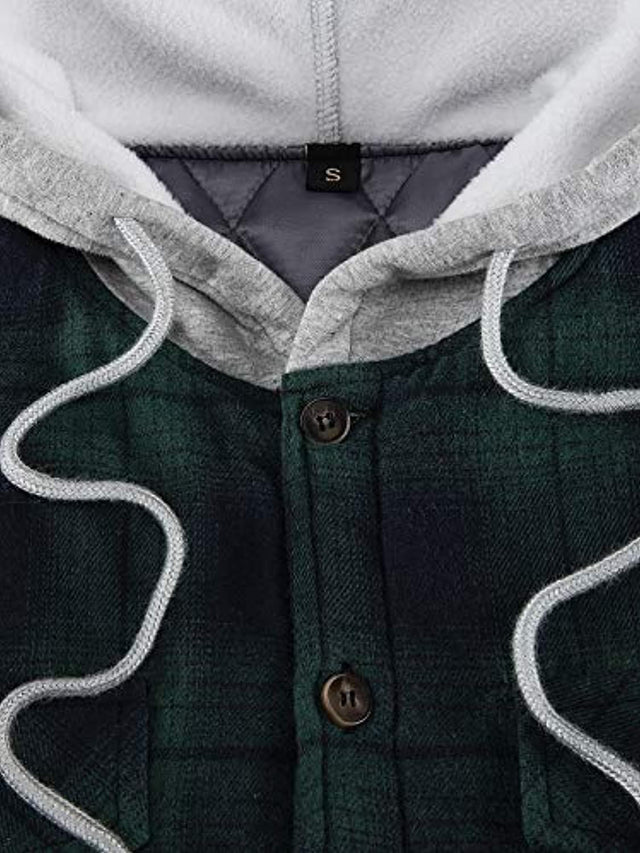 Close-up of the hood of forest green men's quilted lined plaid insulated flannel shirt jacket