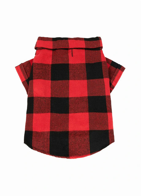 Front view of buffalo red plaid flannel shirt for dogs