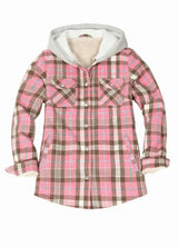 Women's Sherpa-Lined Snap Button Flannel Jacket with Fleece Hood-Pink