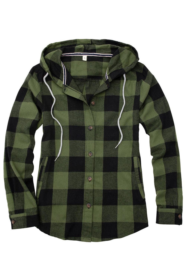 Women's Hooded Flannel Shirt Button Up Plaid Hoodie with Hand Pockets