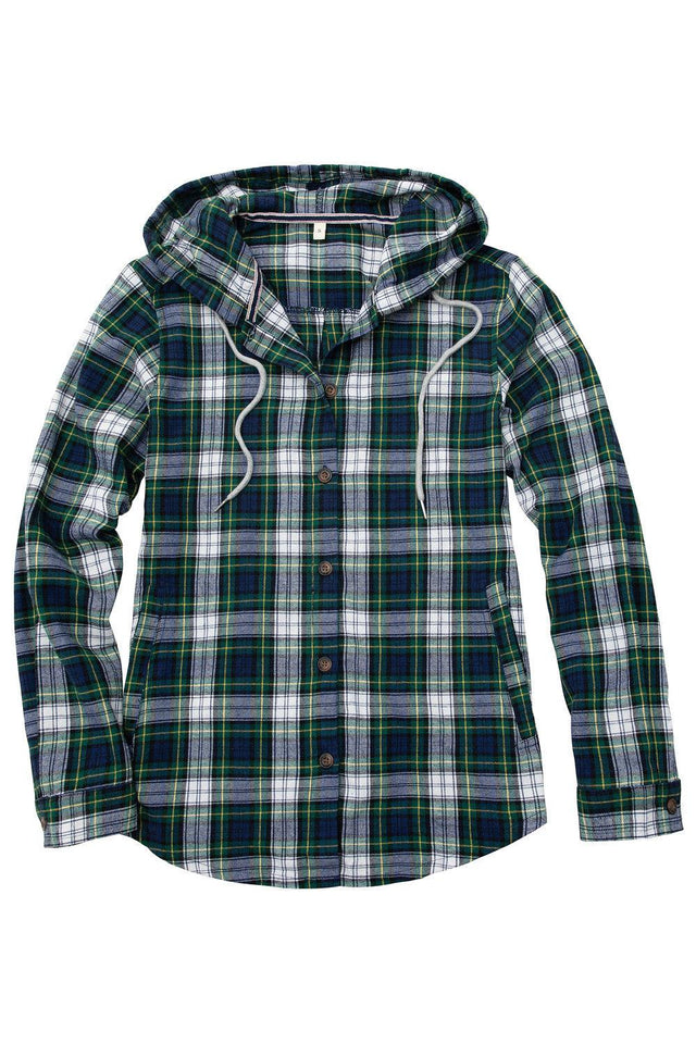 Women's Hooded Flannel Shirt Button Up Plaid Hoodie with Hand Pockets