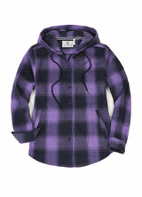 Women's Hooded Flannel Shirt Button Up Plaid Hoodie with Hand Pockets