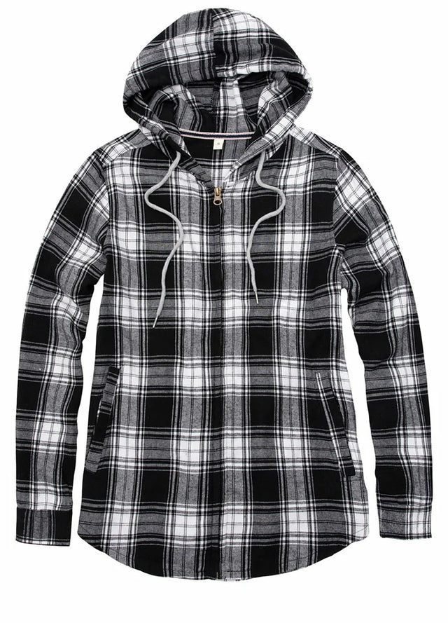 Women's Hooded Plaid Brushed Flannel Shirt, Full Zip Flannel Hoodie