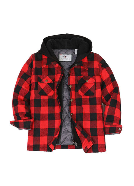 Front view of kid's red buffalo plaid quilted lined flannel jacket