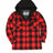 Front view of kid's red buffalo plaid quilted lined flannel jacket buttoned