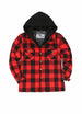 Front view of kid's red buffalo plaid quilted lined flannel jacket buttoned