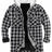 Front view of black white men's sherpa lined plaid flannel shacket 