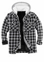 Front view of black white men's sherpa lined plaid flannel shacket 