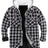 Front view of black white men's sherpa lined plaid flannel shacket 