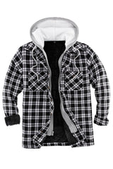 Front view of black white men's sherpa lined plaid flannel shacket 