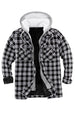 Front view of black white men's sherpa lined plaid flannel shacket 