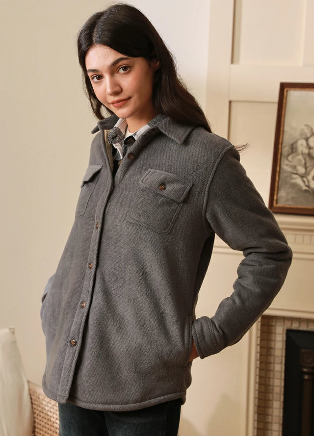 Women's Sherpa Lined Warm Shirt Jacket Button Up Winter Fleece Shirt