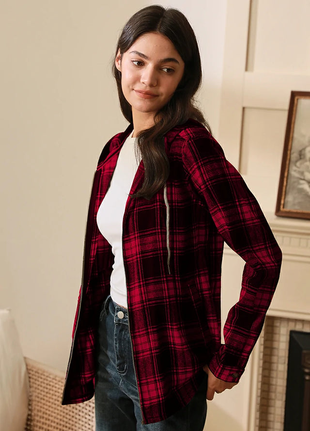 Women's Hooded Plaid Brushed Flannel Shirt, Full Zip Flannel Hoodie