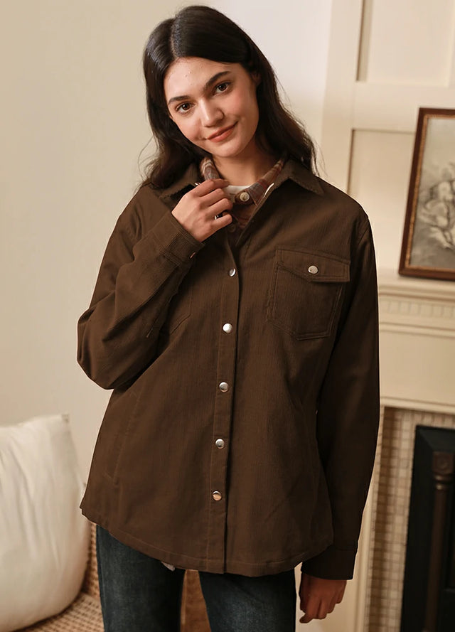 Women's Boyfriend Fit Flannel-Lined Long-Sleeve Corduroy Shirt Jacket