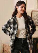 Women's Hooded Plaid Brushed Flannel Shirt, Full Zip Flannel Hoodie