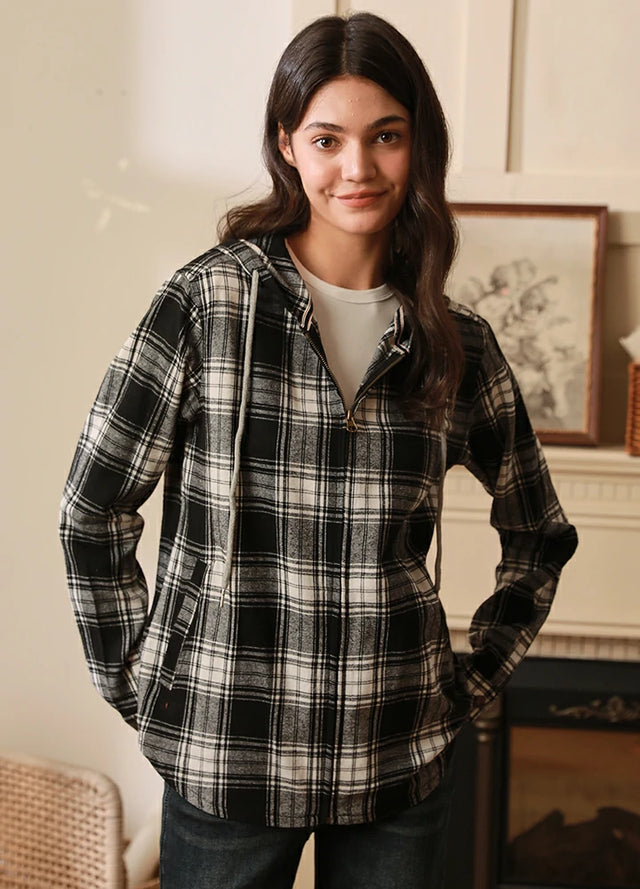 Women's Hooded Plaid Brushed Flannel Shirt, Full Zip Flannel Hoodie