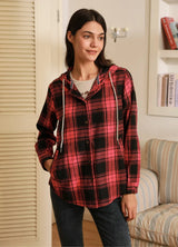 Women's Hooded Flannel Shirt Button Up Plaid Hoodie with Hand Pockets