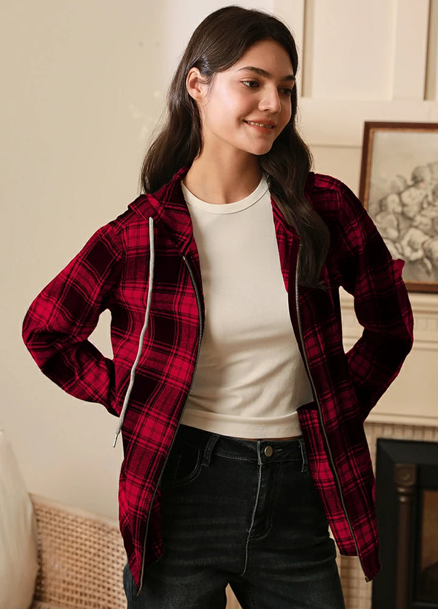 Women's Hooded Plaid Brushed Flannel Shirt, Full Zip Flannel Hoodie