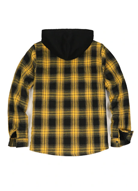 Back view of bold yellow men's stylish sherpa-lined cozy flannel hoodie