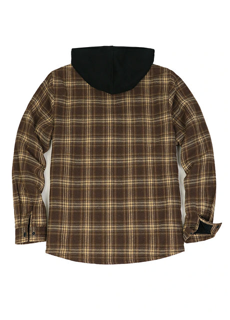 Back view of chocolate men's hooded flannel shirt jacket with seam pockets