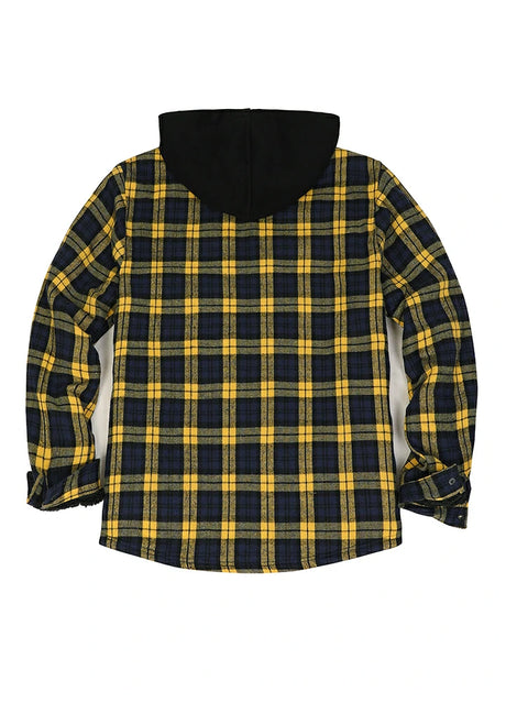 Back view of dynamic dusk men's hooded flannel shirt jacket with seam pockets