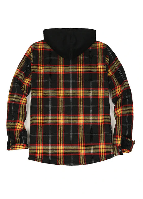 Back view of ebony gold men's hooded flannel shirt jacket with seam pockets