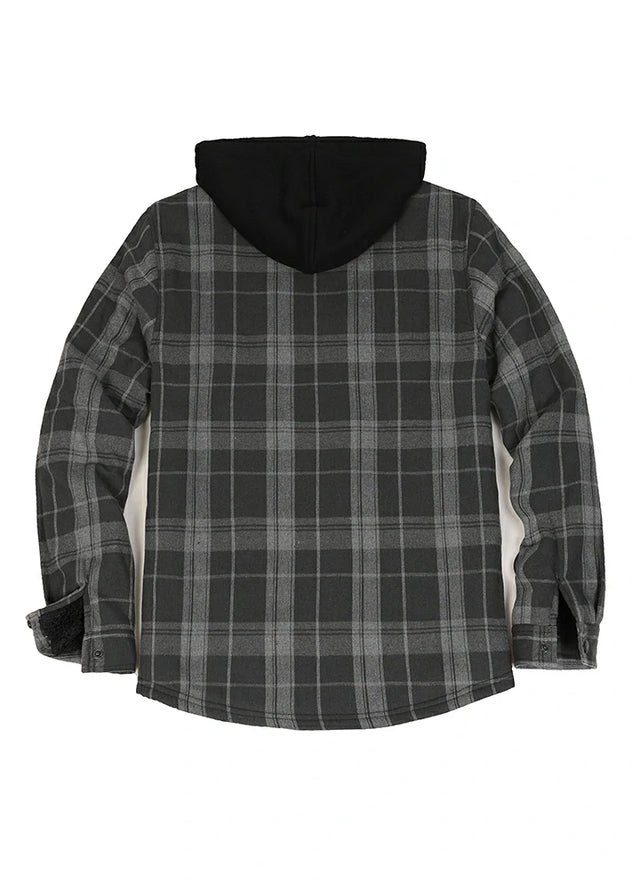 Back view of haze black men's stylish sherpa-lined cozy flannel hoodie