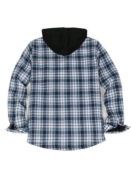 Back view of oceanic delight men's stylish sherpa-lined cozy flannel hoodie