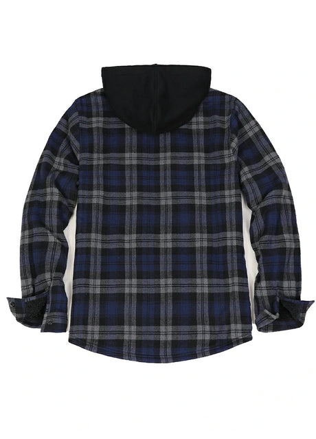 Back view of serene slate men's hooded flannel shirt jacket with seam pockets