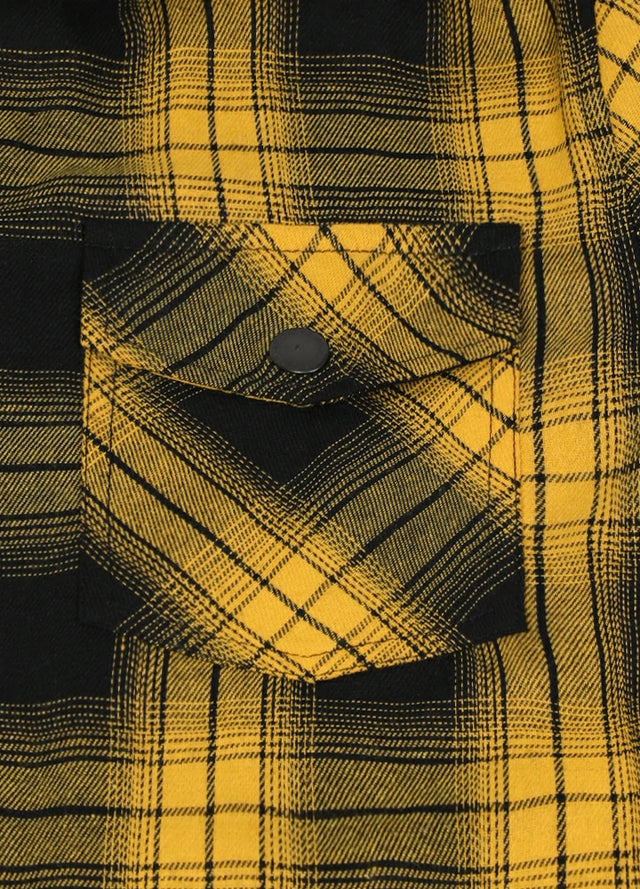 Close-up of the pocket of bold yellow men's sherpa lined full zip up shirt jacket 