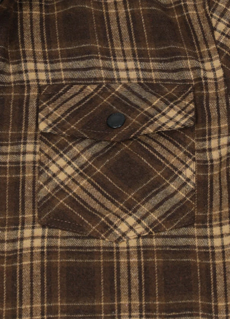 Close-up of the pocket of chocolate men's outdoor flannel shirt jacket with hood 