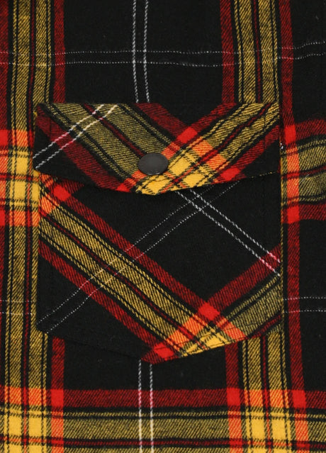 Close-up of the pocket of ebony gold men's outdoor flannel shirt jacket with hood 