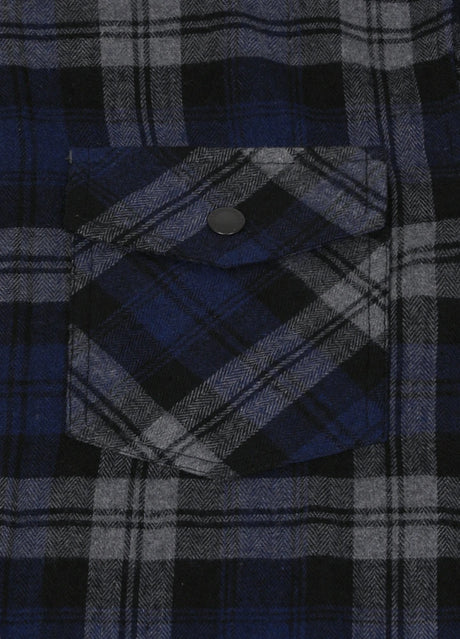 Close-up of the pocket of serene slate men's outdoor flannel shirt jacket with hood 