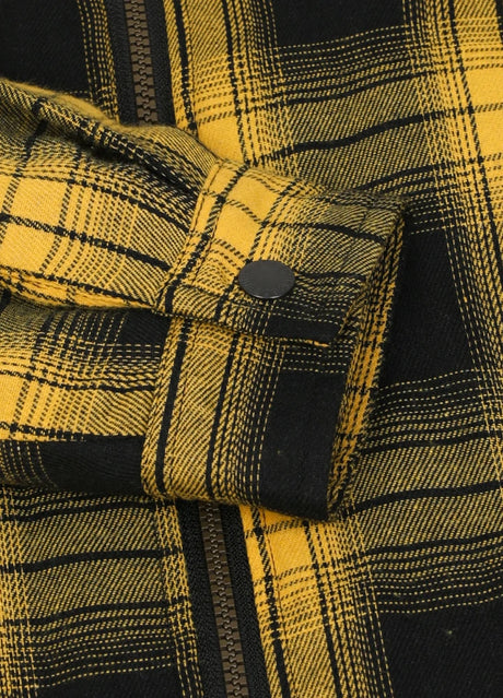 Close-up of the cuff of bold yellow men's sherpa-lined cozy flannel hoodie