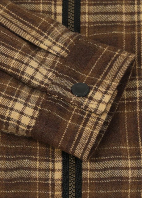 Close-up of the cuff of chocolate men's plaid flannel hooded shirt jacket 