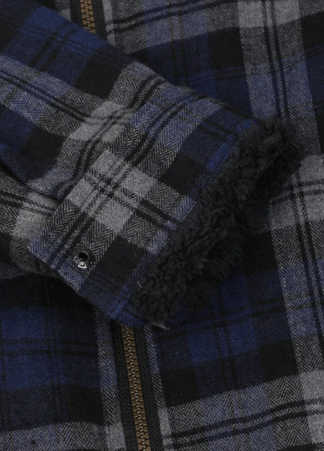 Detailed view of the cuff of serene slate men's plaid flannel hooded shirt jacket 