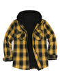 Front view of bold yellow men's sherpa lined flannel jacket with hood