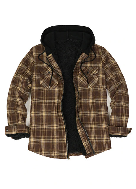 Front view of chocolate men's zipper flannel shirt jacket with hood 