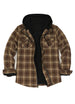 Front view of chocolate men's zipper flannel shirt jacket with hood 