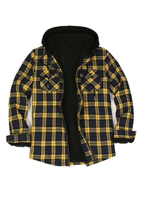 Front view of dynamic dusk men's zipper flannel shirt jacket with hood 