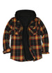 Front view of ebony gold men's zipper flannel shirt jacket with hood 