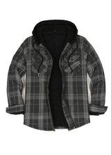 Front view of haze black men's sherpa lined flannel jacket with hood