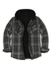 Front view of haze black men's sherpa lined flannel jacket with hood