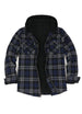 Front view of serene slate men's zipper flannel shirt jacket with hood 