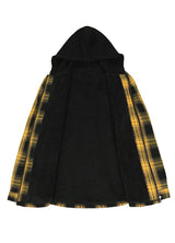 Front view of the lining of bold yellow men's warm plaid flannel cotton hoodie