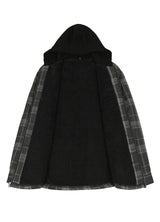 Front view of the lining of haze black men's warm plaid flannel cotton hoodie