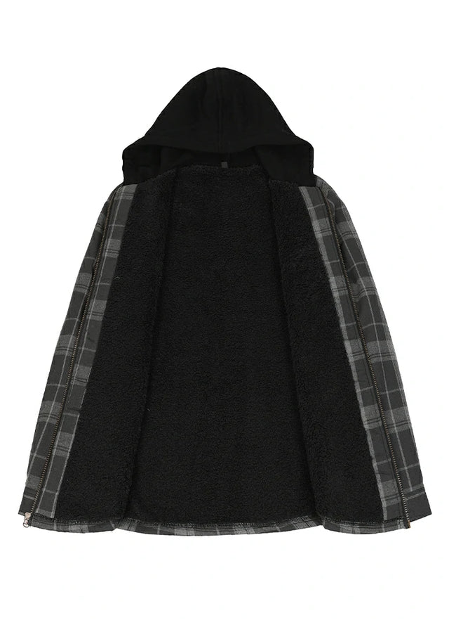 Front view of the lining of haze black men's warm plaid flannel cotton hoodie