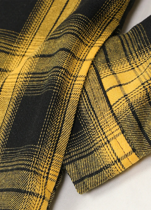 Close-up of the seam pocket of bold yellow men's sherpa-lined zipper shirt jacket