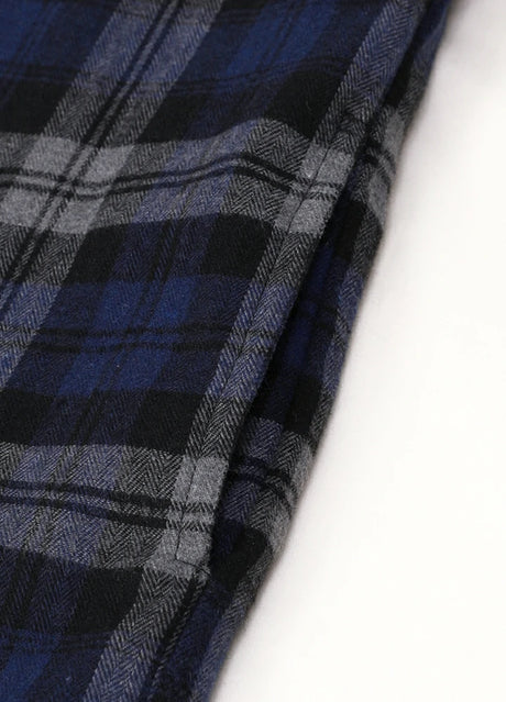 Close-up of the seampocket of serene slate men's workwear flannel shacket with hood